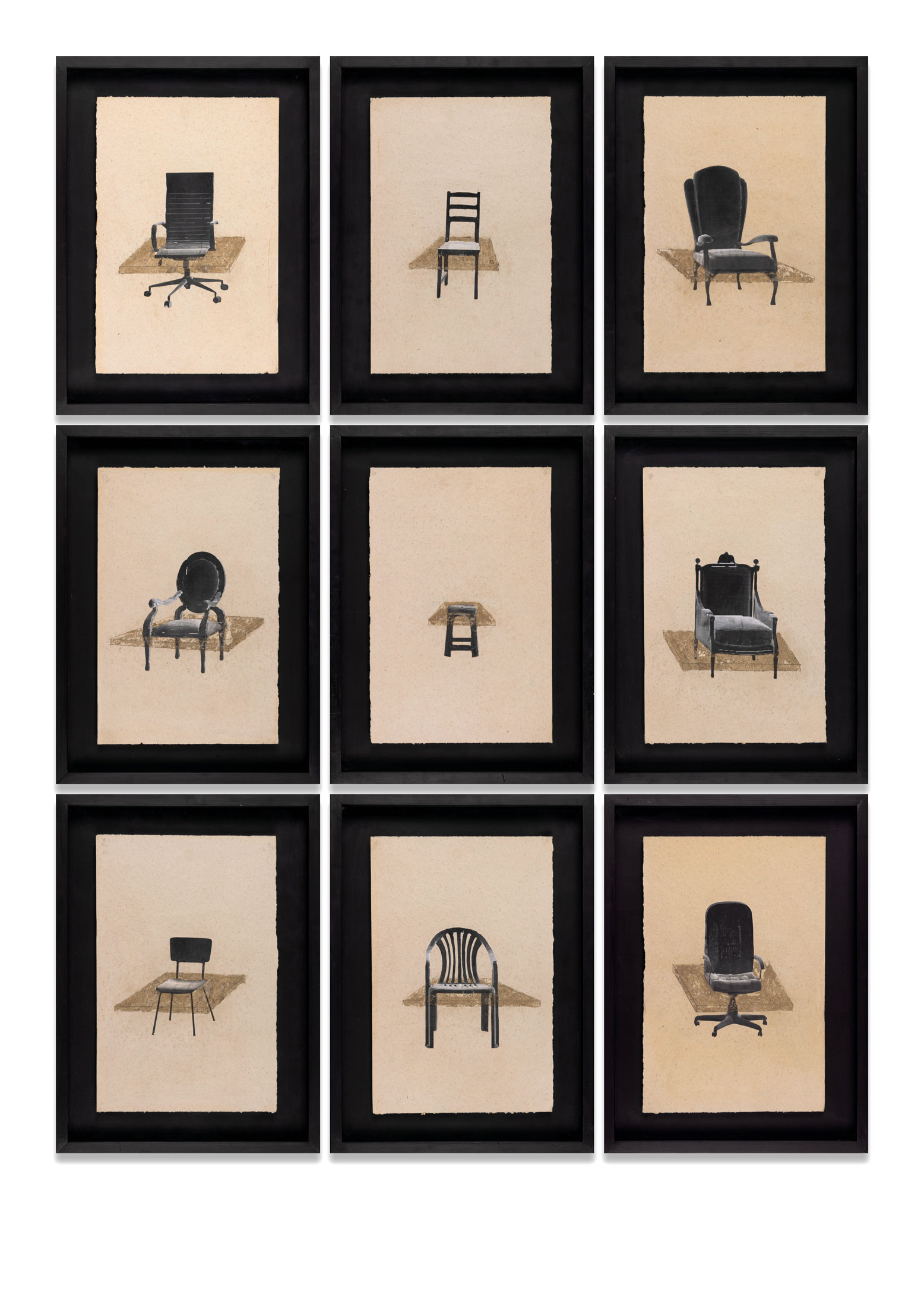 Études de chaises, d’équilibre et d’égalité, 2020Composition de 9 pièces Technique mixte sur papier recyclé 40,5 x 27 cm chacune
