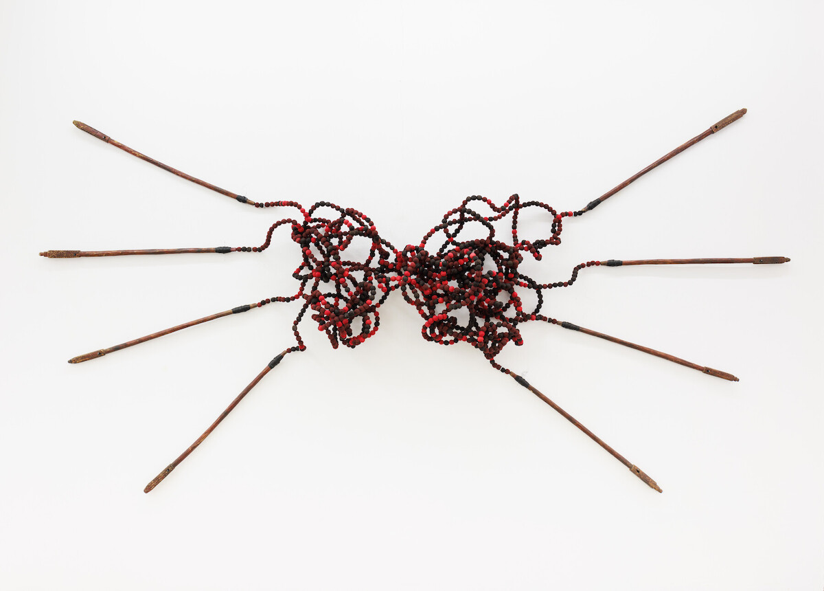 MOHAMED AREJDAL (BORN IN 1984)SITUATION IV, 2023Wall installationTraditional spinning tools, wool ball, leather and galvanised wire185 x 357 x 30 cm