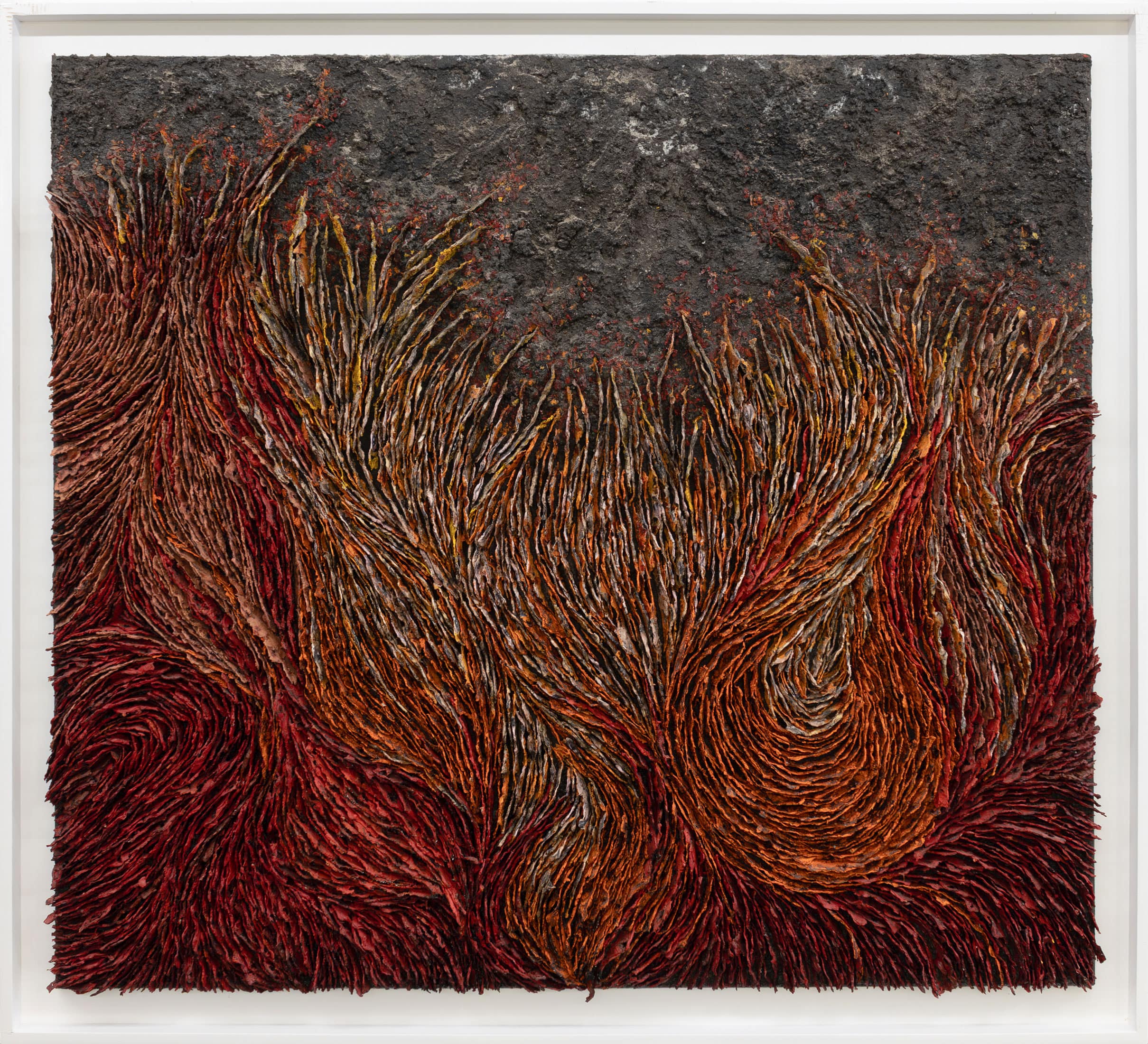 KHADIJA-JAYI-(NÉE-EN-1989)-THE-VICIOUS-CYCLE-OF-VIOLENCE,-2024-Technique-mixte-Cendres,-acrylique,-papier-et-plastiques-brulés-180-x-200-x-10-cm-min