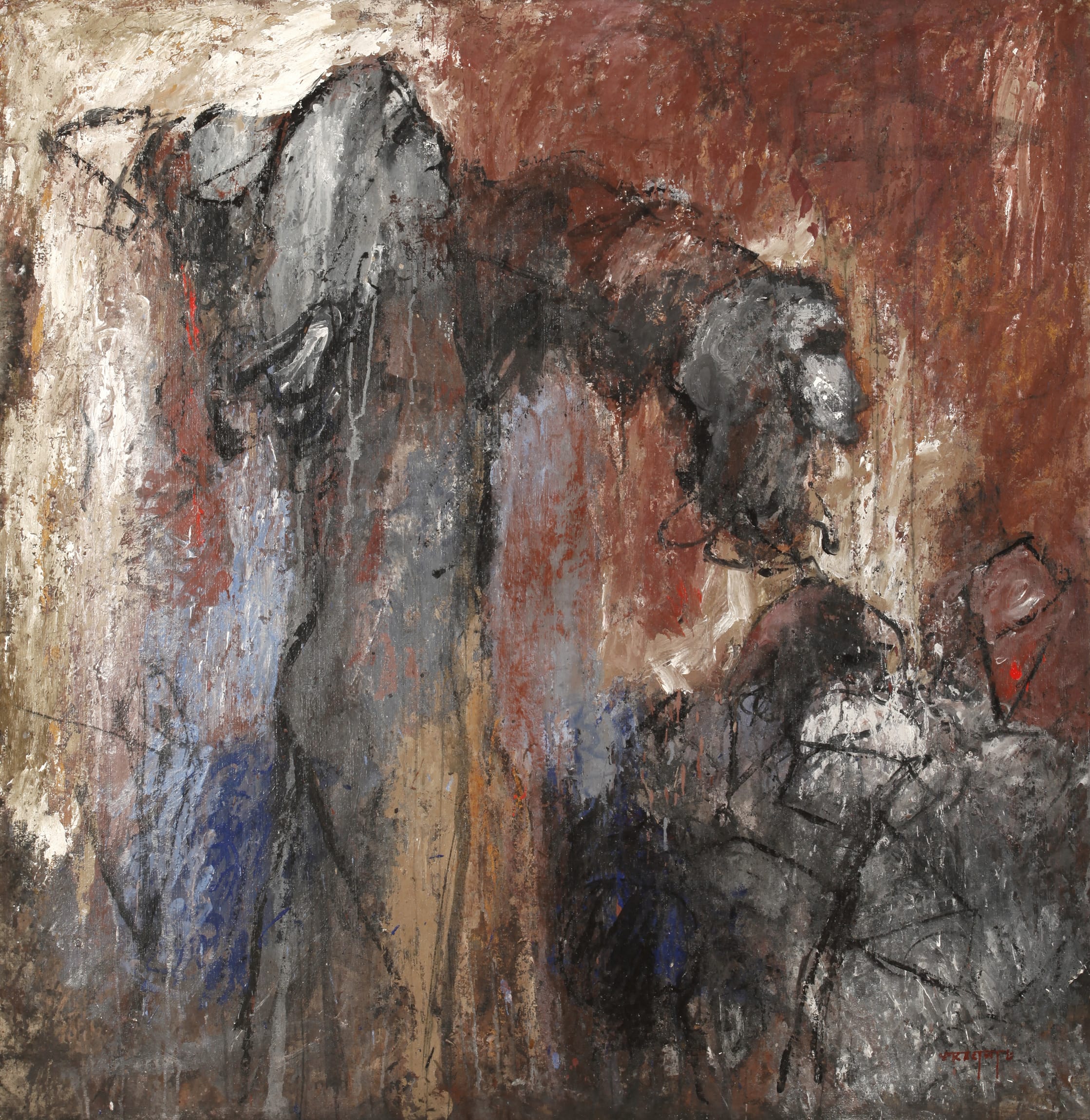 Mohammed Kacimi - UNTITLED, 1990 Mixed media on canvas Stamped lower right 138 x 134 x 3 cm