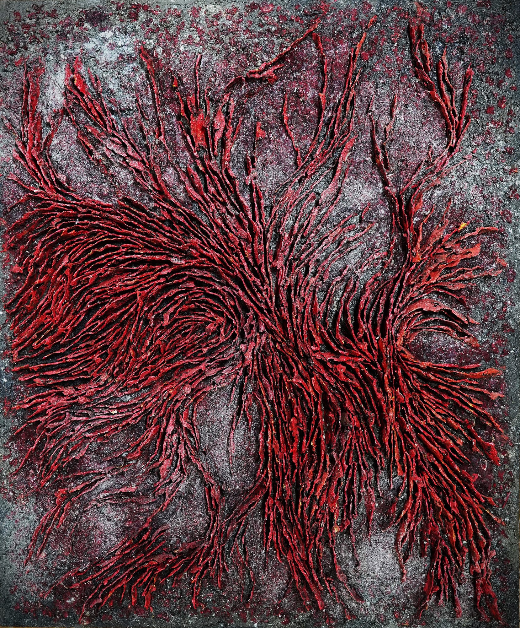 Khadija Jayi - Epochs of Grey, 2024 Mixed Media Acrylic, burnt printed paper, plastic and ash on canvas, mounted on panel_x000B_ 120 x 80 x 9 cm